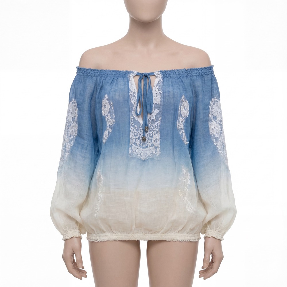 Vanita Rosa Paris St Barth‎ Ombré Peasant Blouse Blue Ivory Boho Top Size S